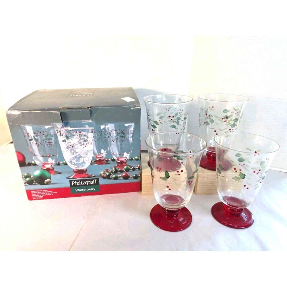 Vintage Pfaltzgraff Glass Winterberry Water Goblets Set of 4 Hand Painted